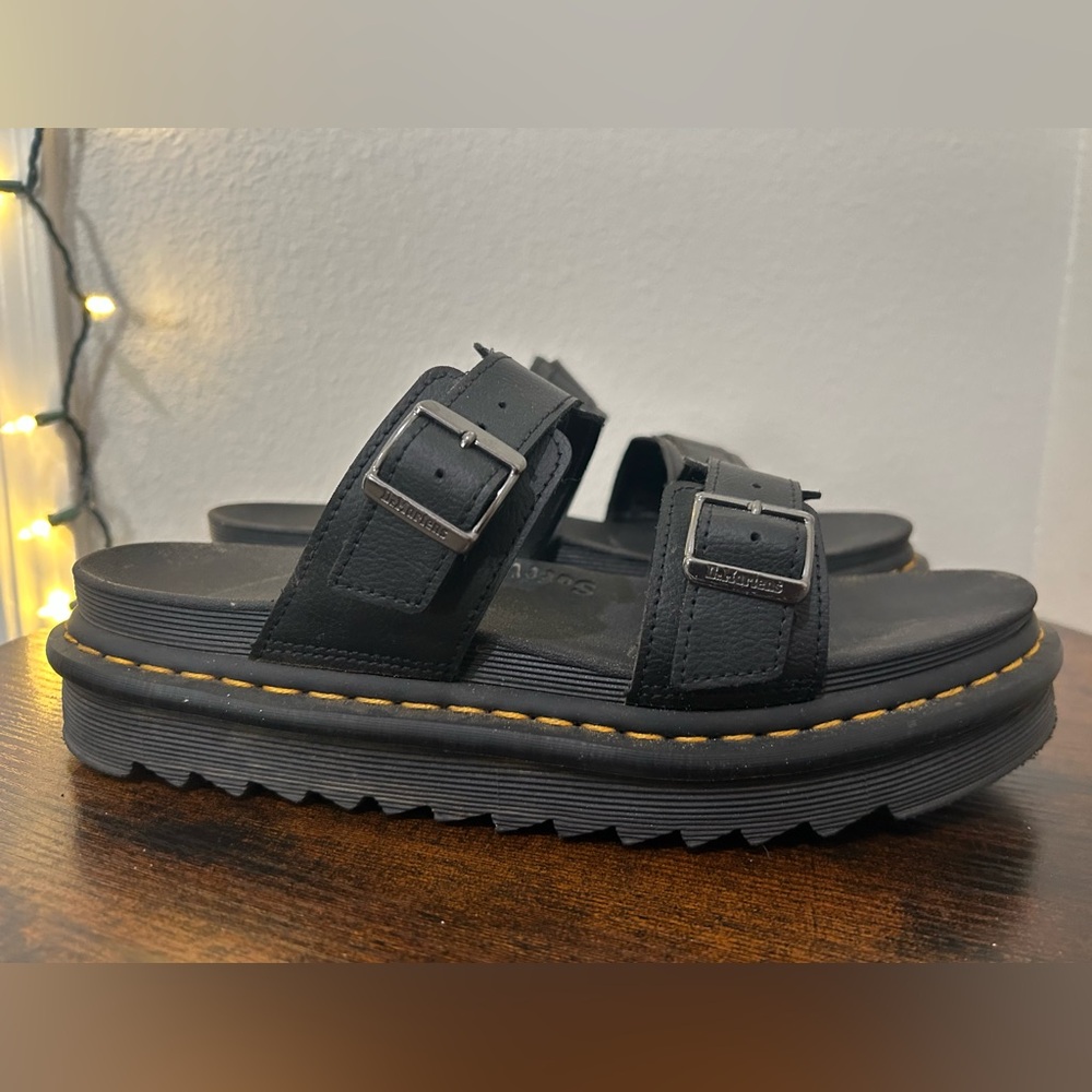 Dr. Martens Black Buckle Slide Sandals with Yellow Stitching